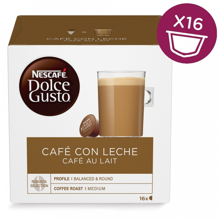 Hacendado Cafe capsula cafe con leche (compatible cafetera dolce gusto*(marca  de grupo societe des produits nestle,sa. no relacionada con cocatech,sl))  Caja 16 u